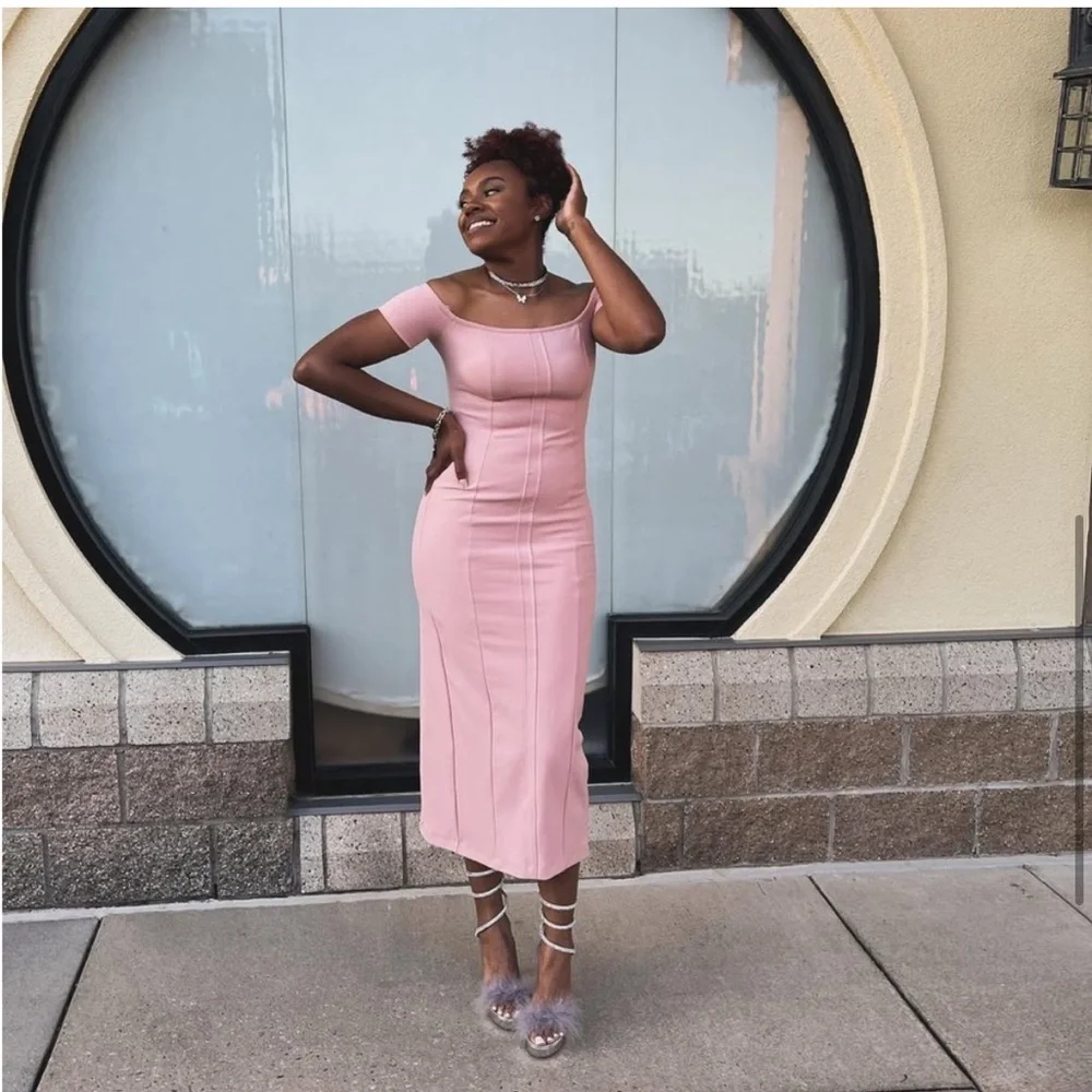 🆕(NWT) ZARA Bloggers Fav Blush Pink Off-The-Shoulder Sheath Midi/Maxi Dress. LG - Picture 5 of 15